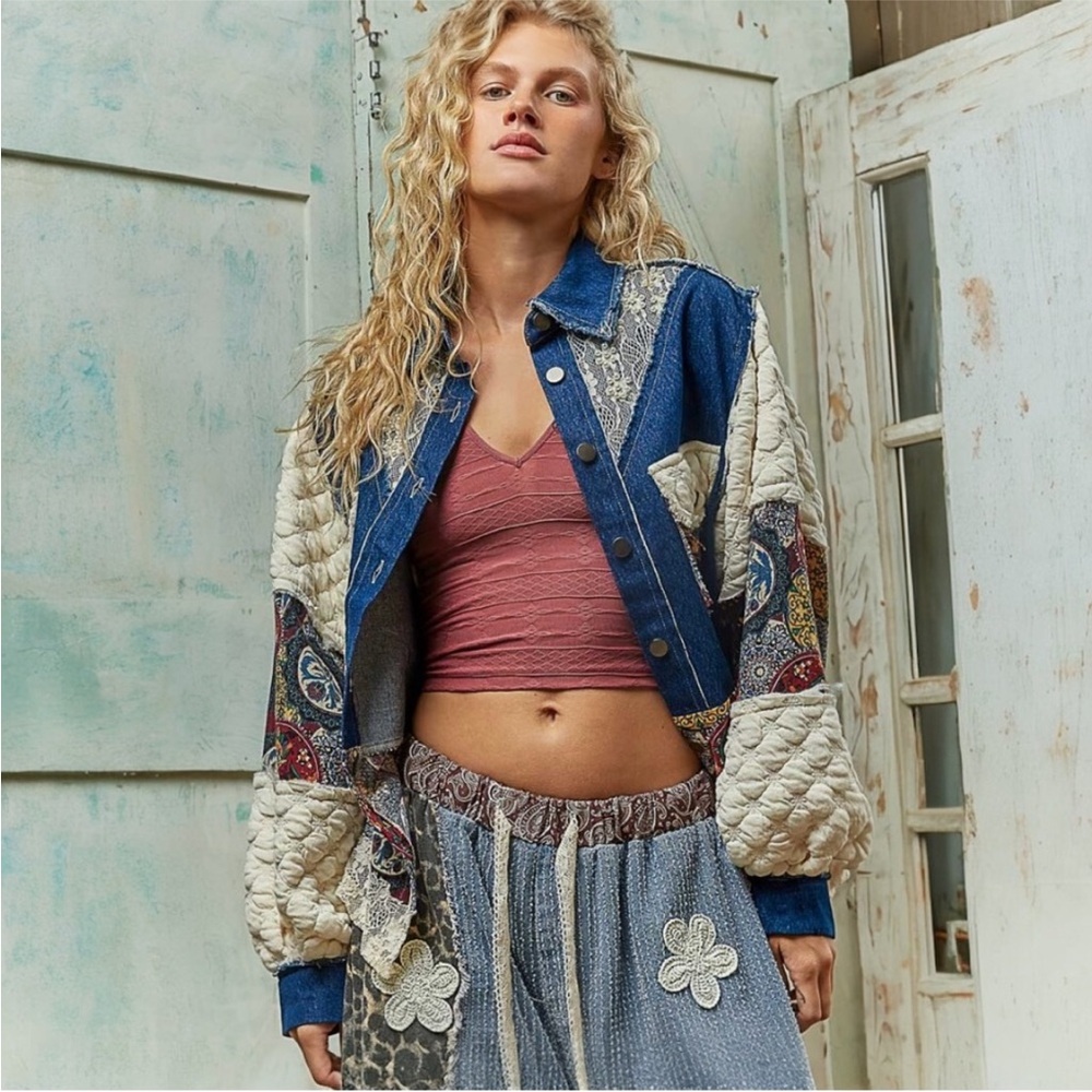 Pol M Patchwork Denim Jacket with Pearl and lace detail